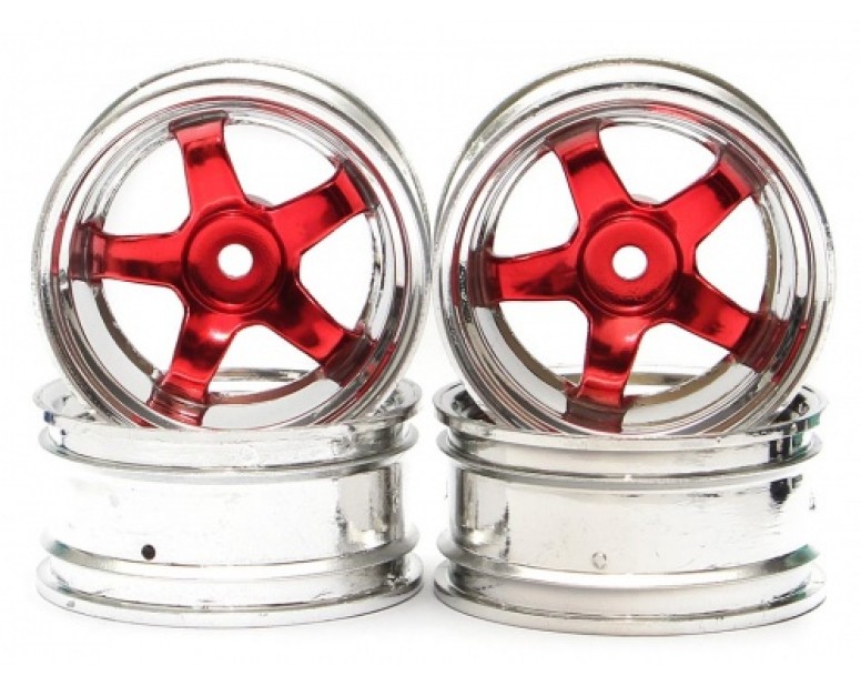 5-Spoke Wheel Set (4Pcs) Chrome + Red For 1/10 RC Car (6mm Offset)